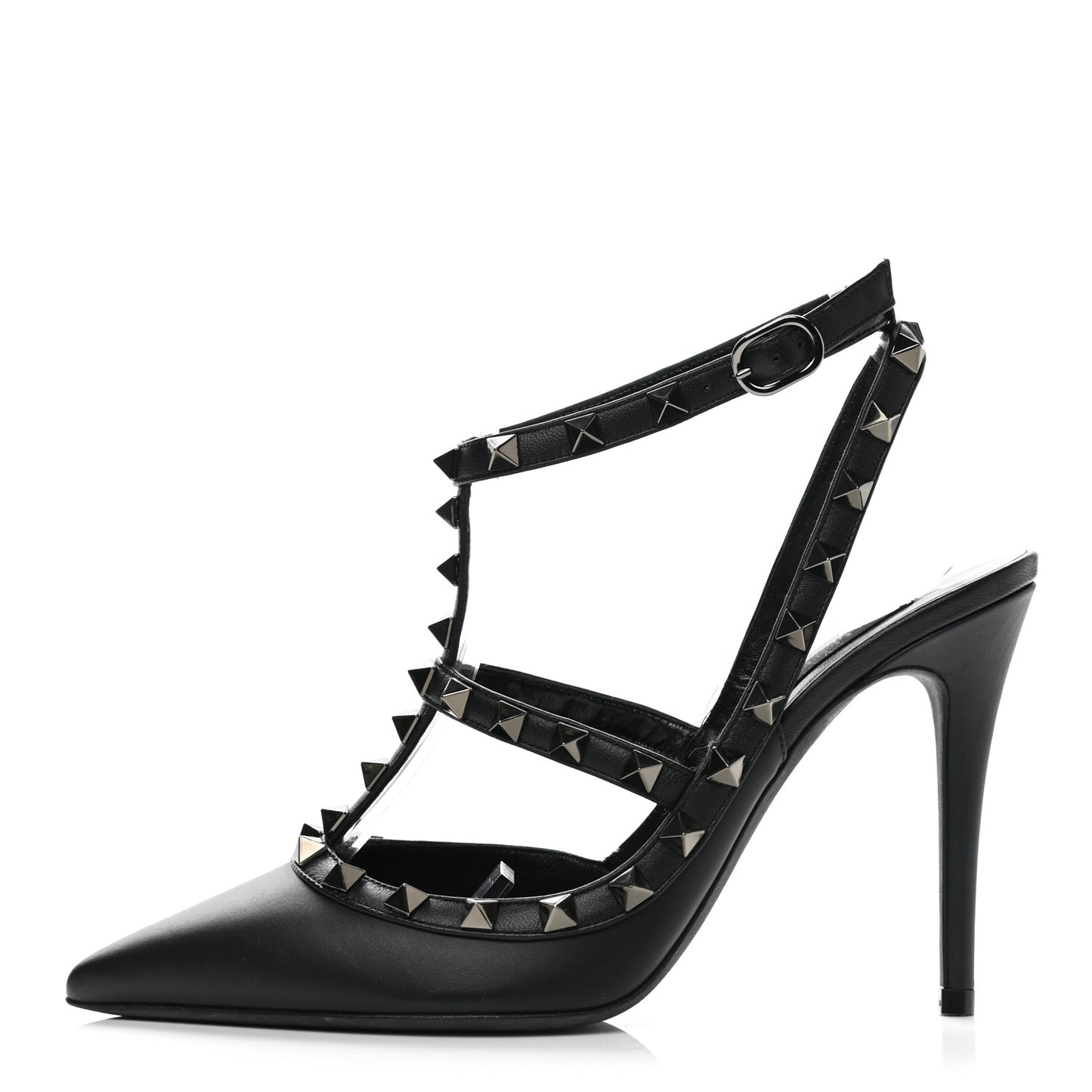 Calfskin Nappa Rockstud Ankle Strap 100mm Pumps 37.5 Black
