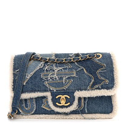 Chanel Denim Shearling Hieroglyph Flap Blue 1 of 11