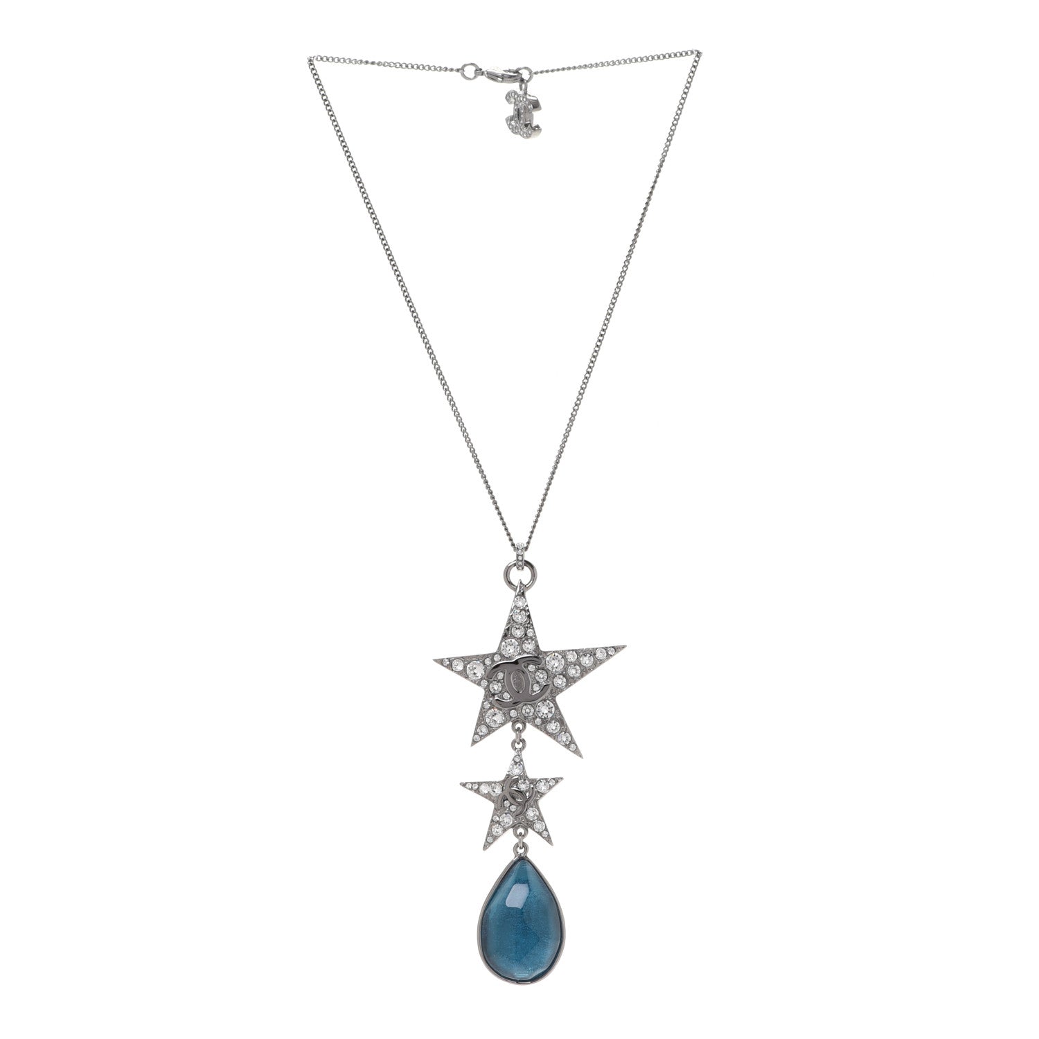 Chanel Crystal Resin CC Star Drop Necklace Silver Blue 3 of 6