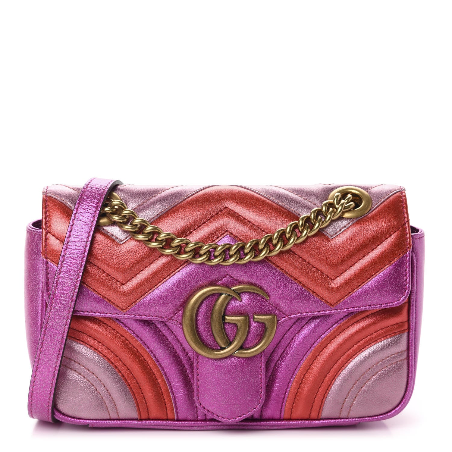 Gucci Metallic Calfskin Matelasse Mini GG Marmont Shoulder Bag Fuchsia 1 of 10