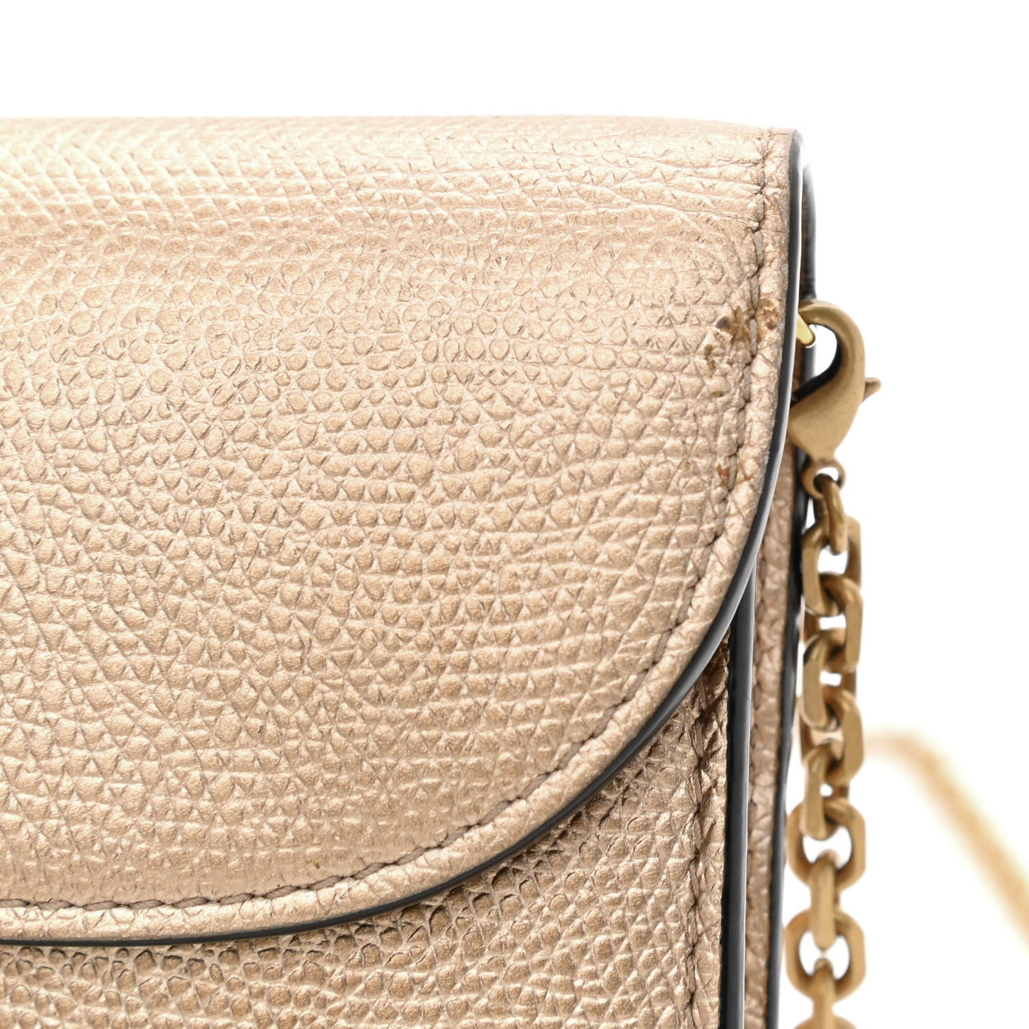 Metallic Grained Calfskin Saddle Chain Wallet Pouch