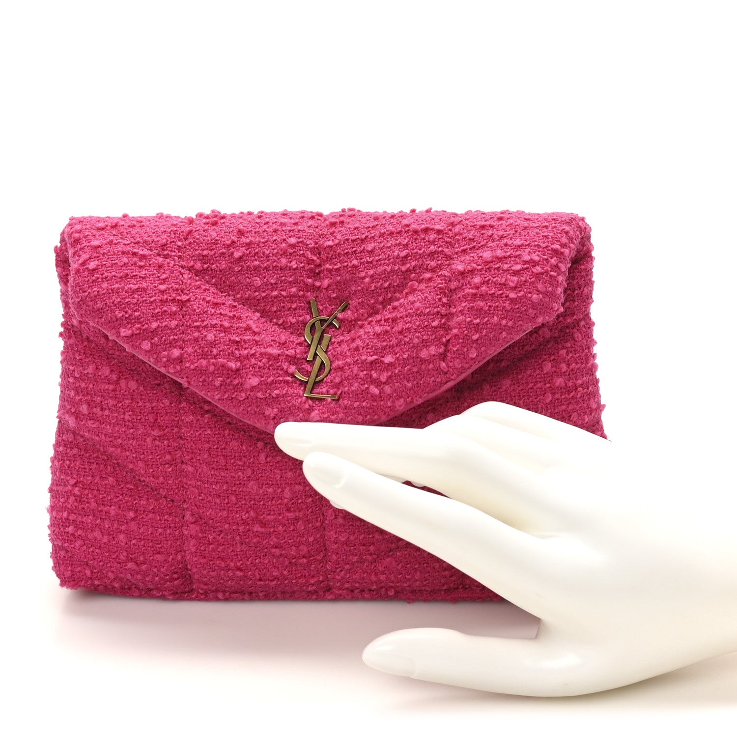 Saint Laurent Boucle Tweed Quilted Loulou Puffer Monogram Pouch Clutch Magenta 2 of 10