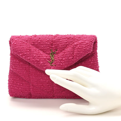 Saint Laurent Boucle Tweed Quilted Loulou Puffer Monogram Pouch Clutch Magenta 2 of 10