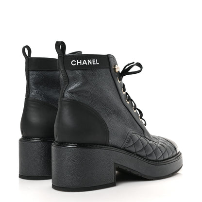 Chanel Pearly Calfskin Patent Calfskin Lace Up Combat Boots 40 Black 4 of 7