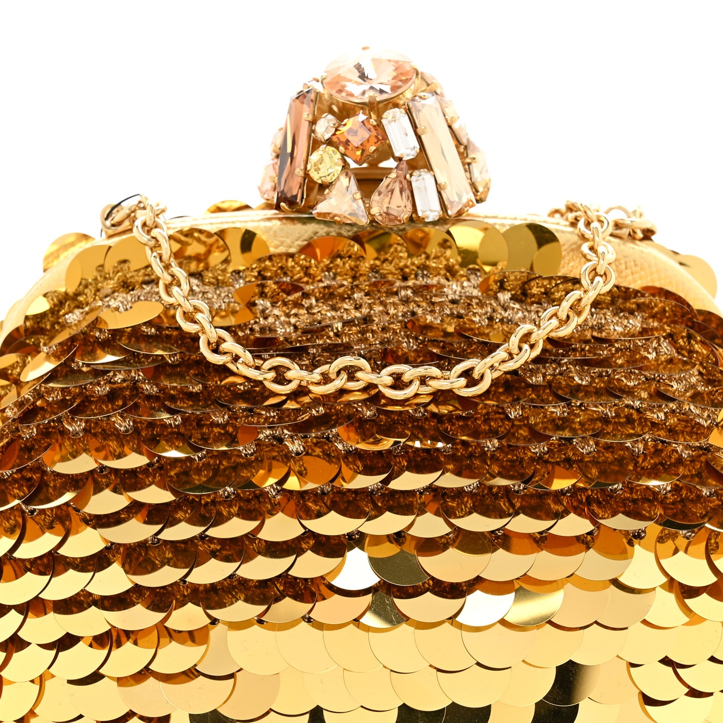 Crochet Sequin Paillettes Crystal Embellished Chain Clutch Gold