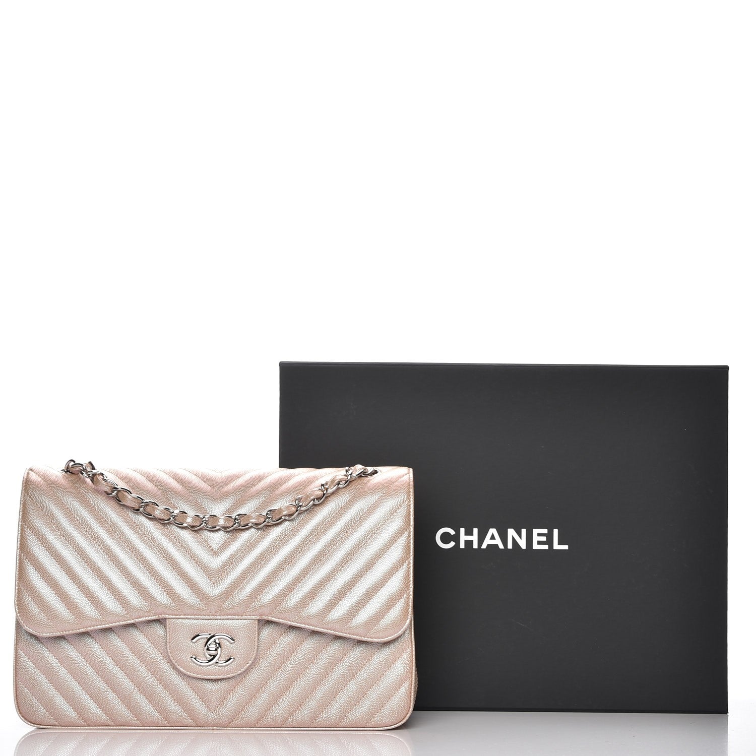Chanel Metallic Caviar Chevron Quilted Jumbo Double Flap Light Gold 8 of 8