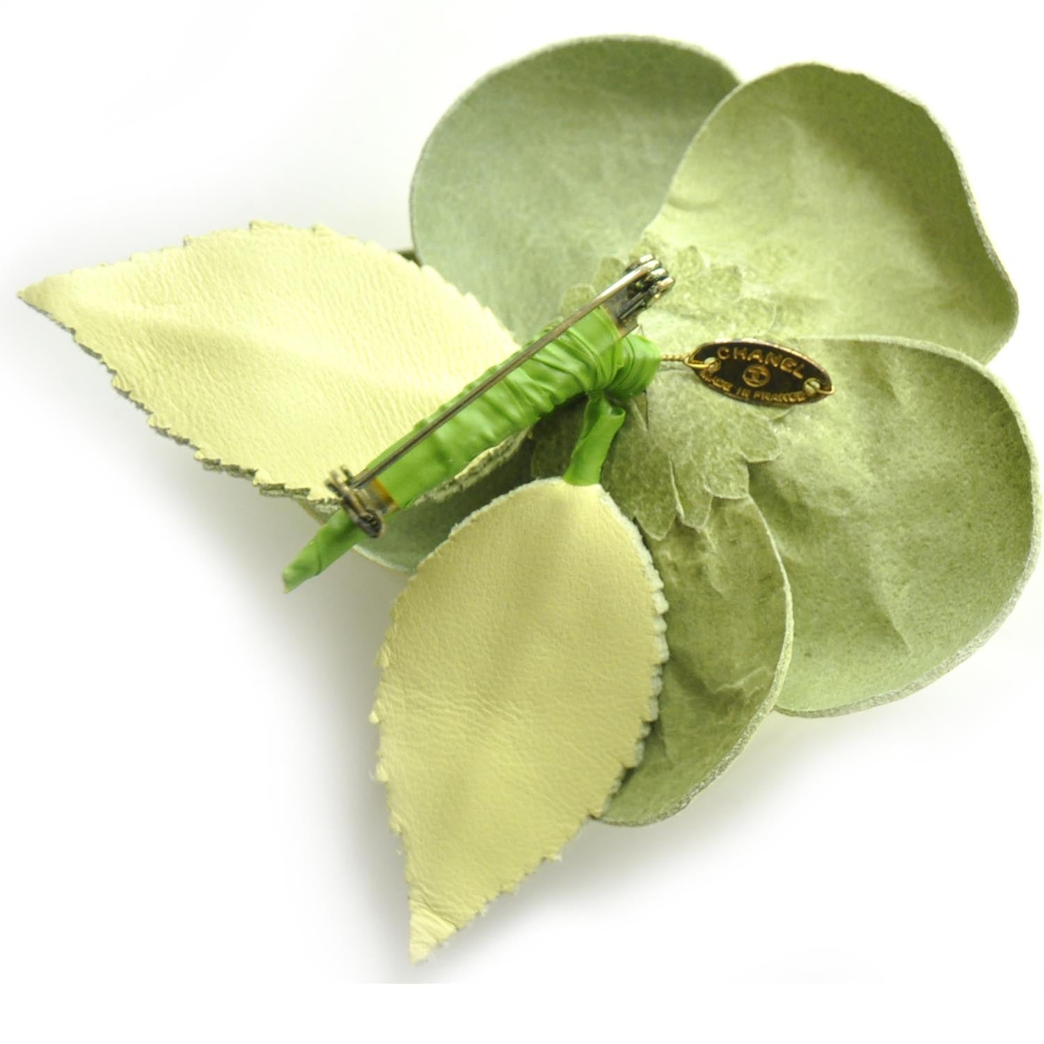 Chanel Leather Camellia Pin Brooch Green 3 of 5