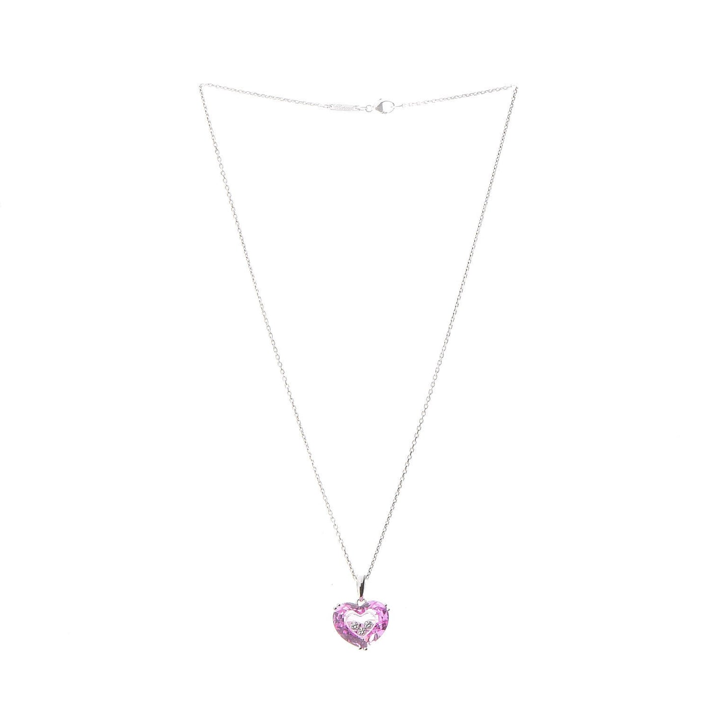 18K White Gold Pink Sapphire 3 Diamonds So Happy Heart Necklace