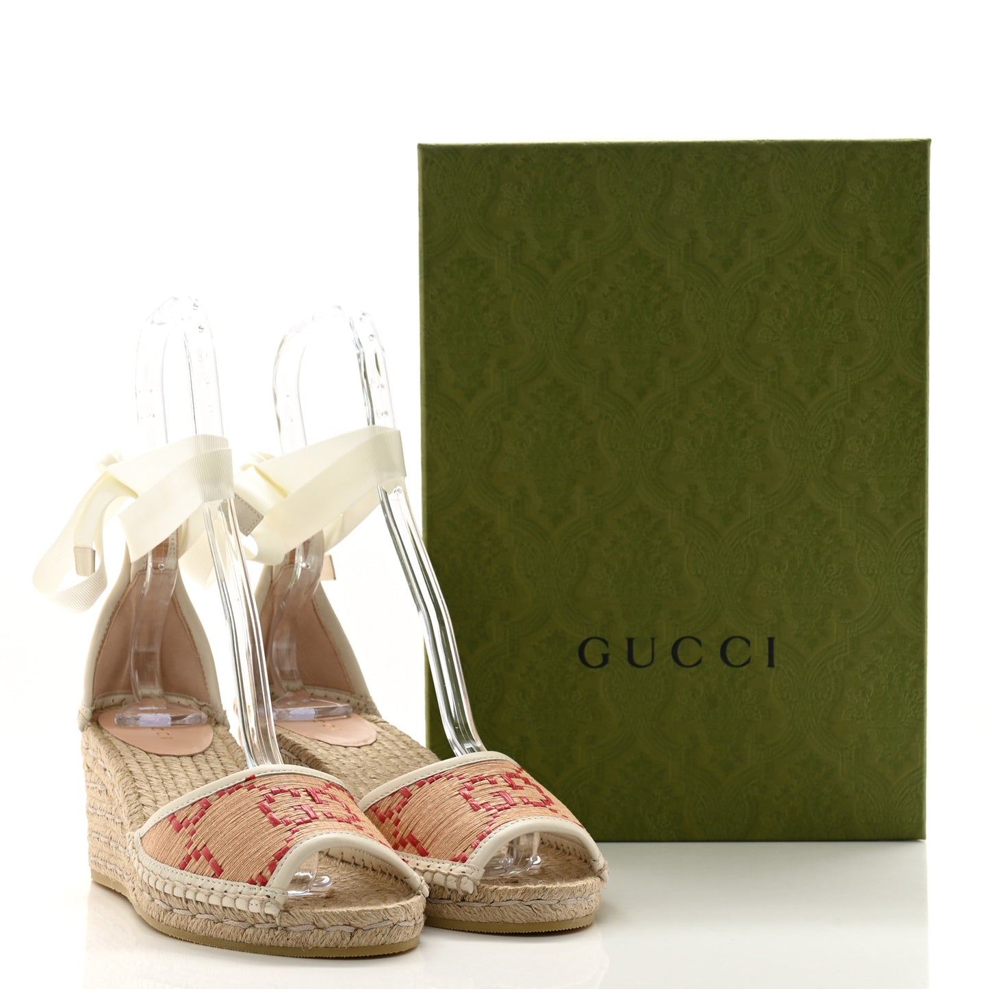 GG Raffia Monogram Ankle Wrap Platform Espadrille Wedge Sandals 37.5 Beige