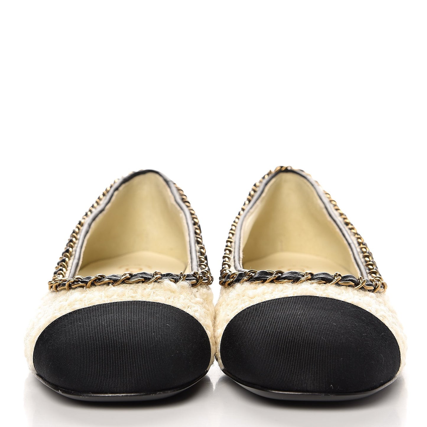 Tweed Grosgrain Chained Cap Toe Ballerina Flats 37 Ivory Black