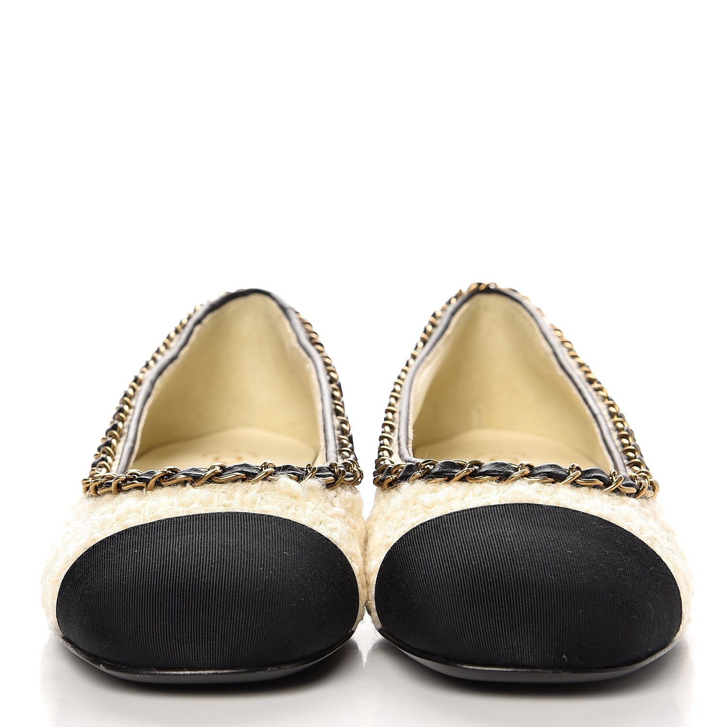 Chanel Tweed Grosgrain Chained Cap Toe Ballerina Flats 37 Ivory Black 2 of 9