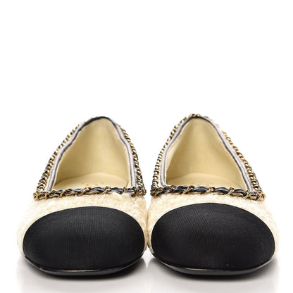 Chanel Tweed Grosgrain Chained Cap Toe Ballerina Flats 37 Ivory Black 2 of 9