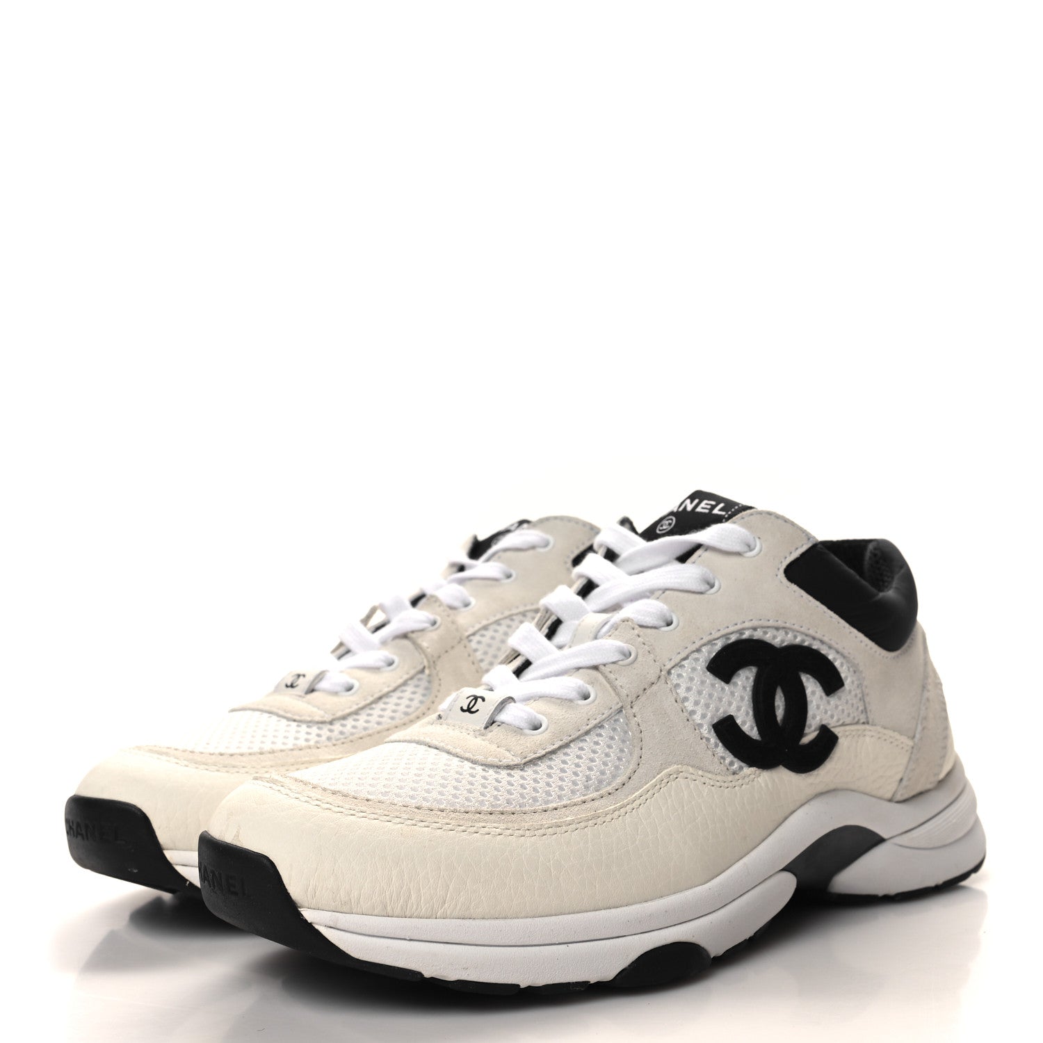 Chanel Mesh Suede Calfskin Grained Calfskin Womens CC Sneakers 39.5 White Black 3 of 8