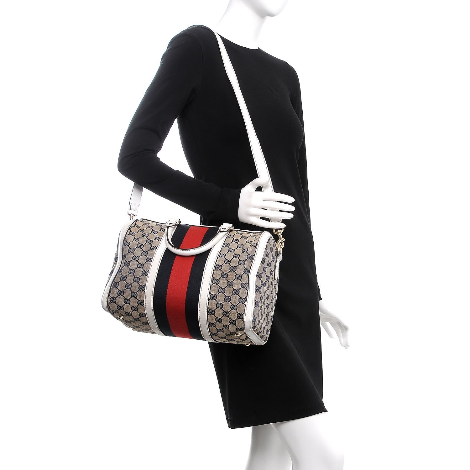 Gucci Monogram Selleria Calfskin Vintage Web Medium Boston Beige Blue Mystic White 2 of 32