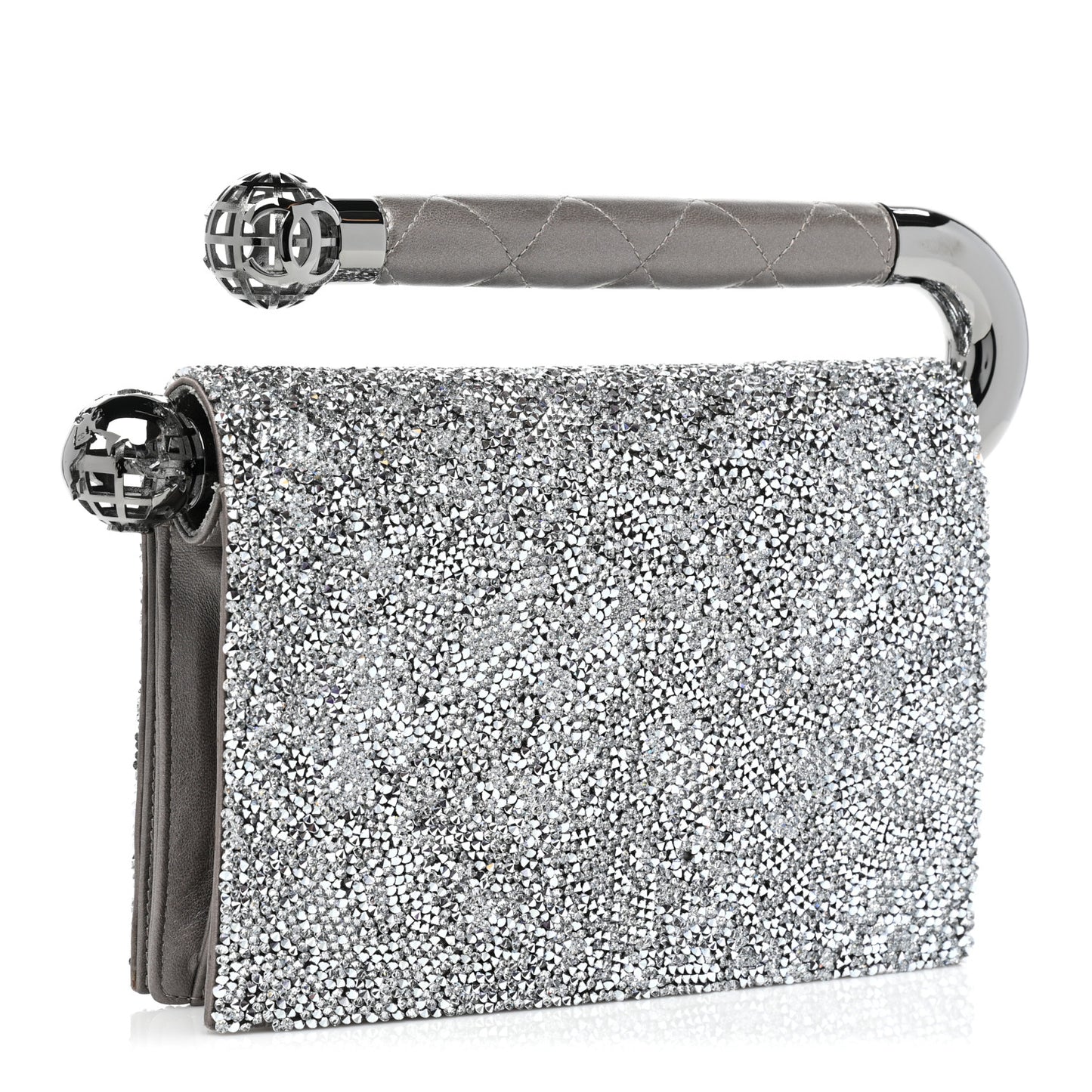 Crystal Satin Metal Handle Evening Clutch Silver