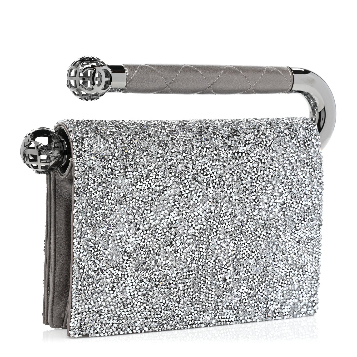 Chanel Crystal Satin Metal Handle Evening Clutch Silver 2 of 8