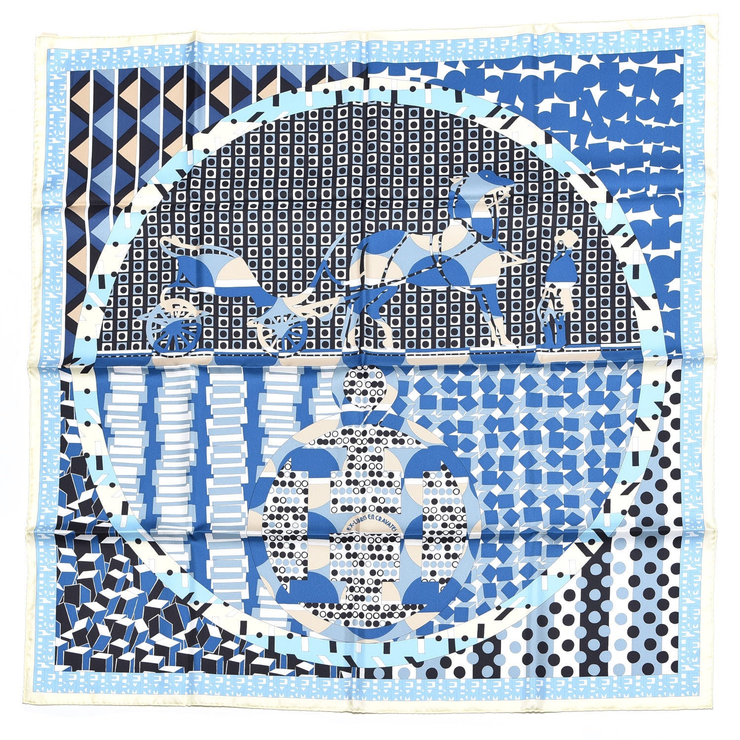 Hermes Silk Ex-Libris En Cravates 90 Scarf Ivory Ciel Blue Jean 1 of 5