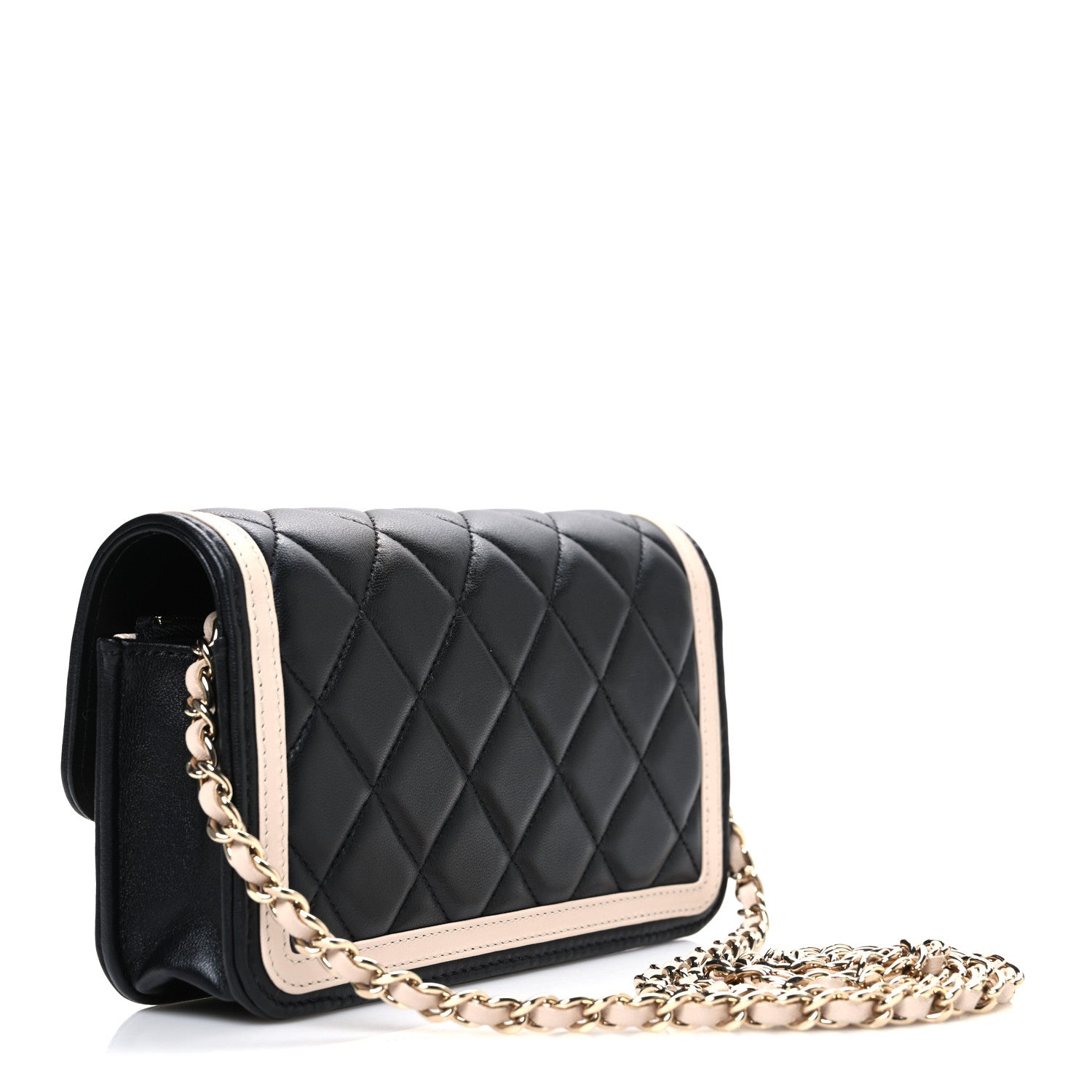 Chanel Lambskin Quilted Phone Holder Wallet With Chain Black Beige 3 of 11