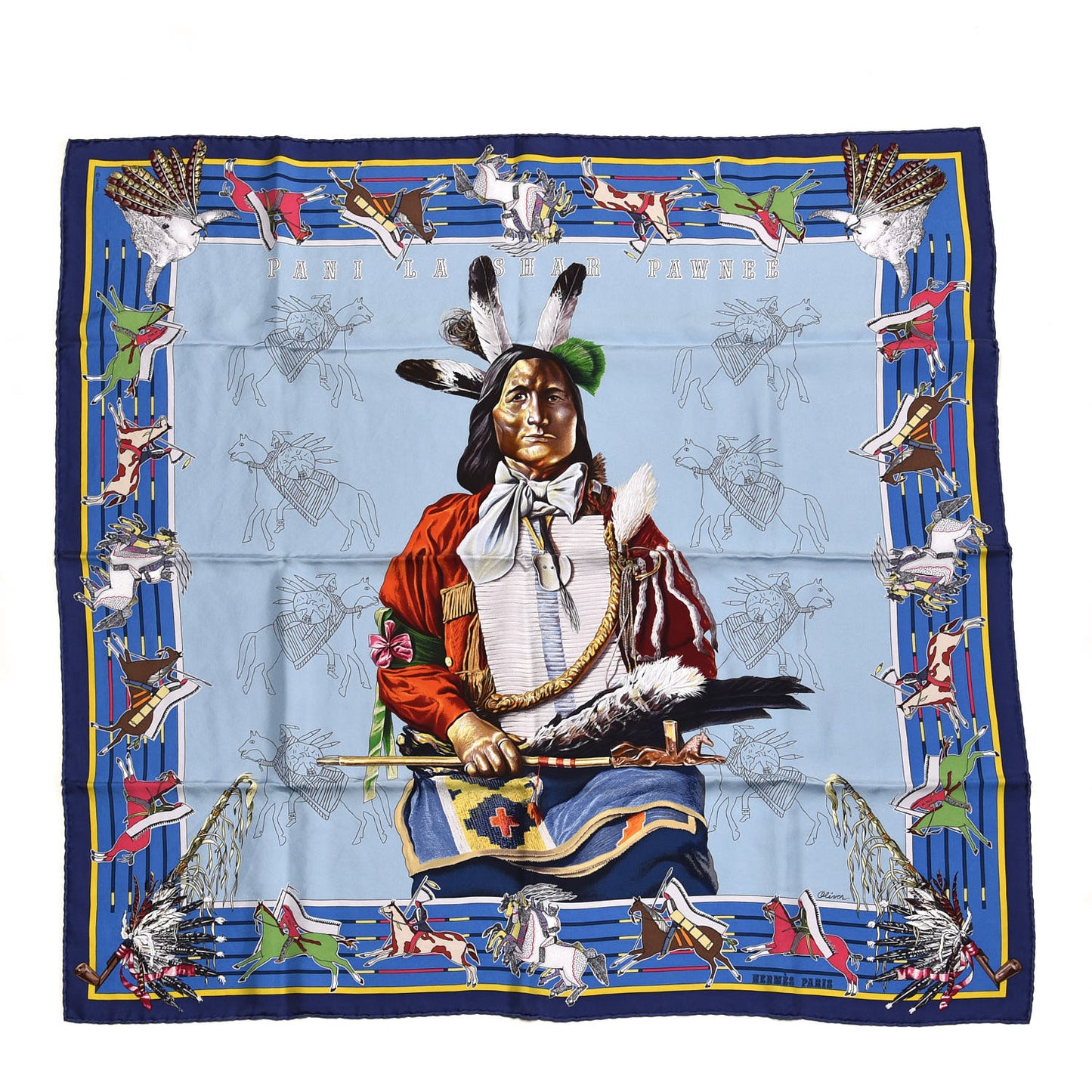 Silk Pani La Shar Pawnee Wash Scarf 90 Bleu Ciel Marine Vert