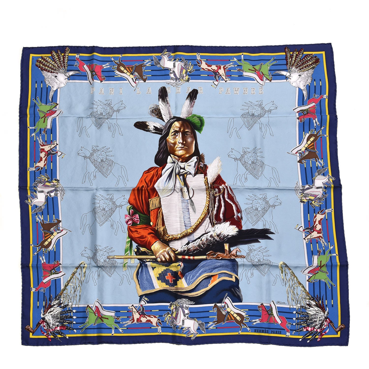Hermes Silk Pani La Shar Pawnee Wash Scarf 90 Bleu Ciel Marine Vert 1 of 5