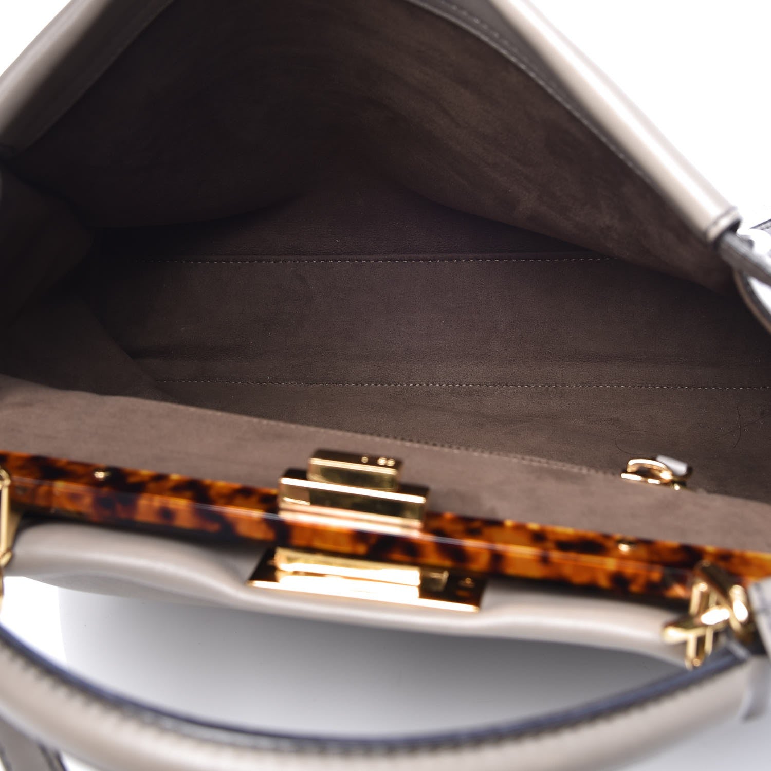 Fendi Vitello Seta Suede Plexiglass Tortoise Large Peekaboo Iconic Satchel Asfalto Marrone 7 of 15