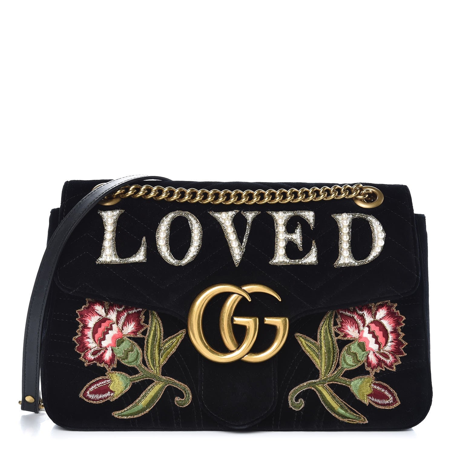 Gucci Velvet Matelasse Loved Embroidered Medium GG Marmont Shoulder Bag Black 1 of 16