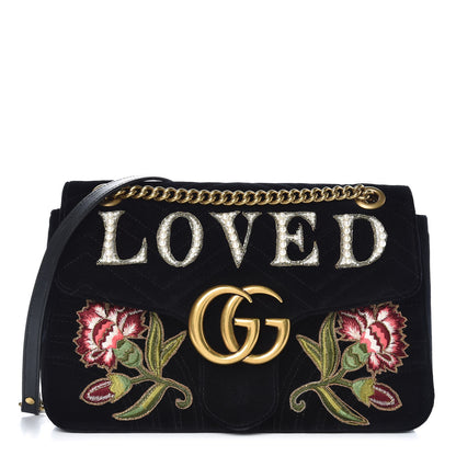 Gucci Velvet Matelasse Loved Embroidered Medium GG Marmont Shoulder Bag Black 1 of 16