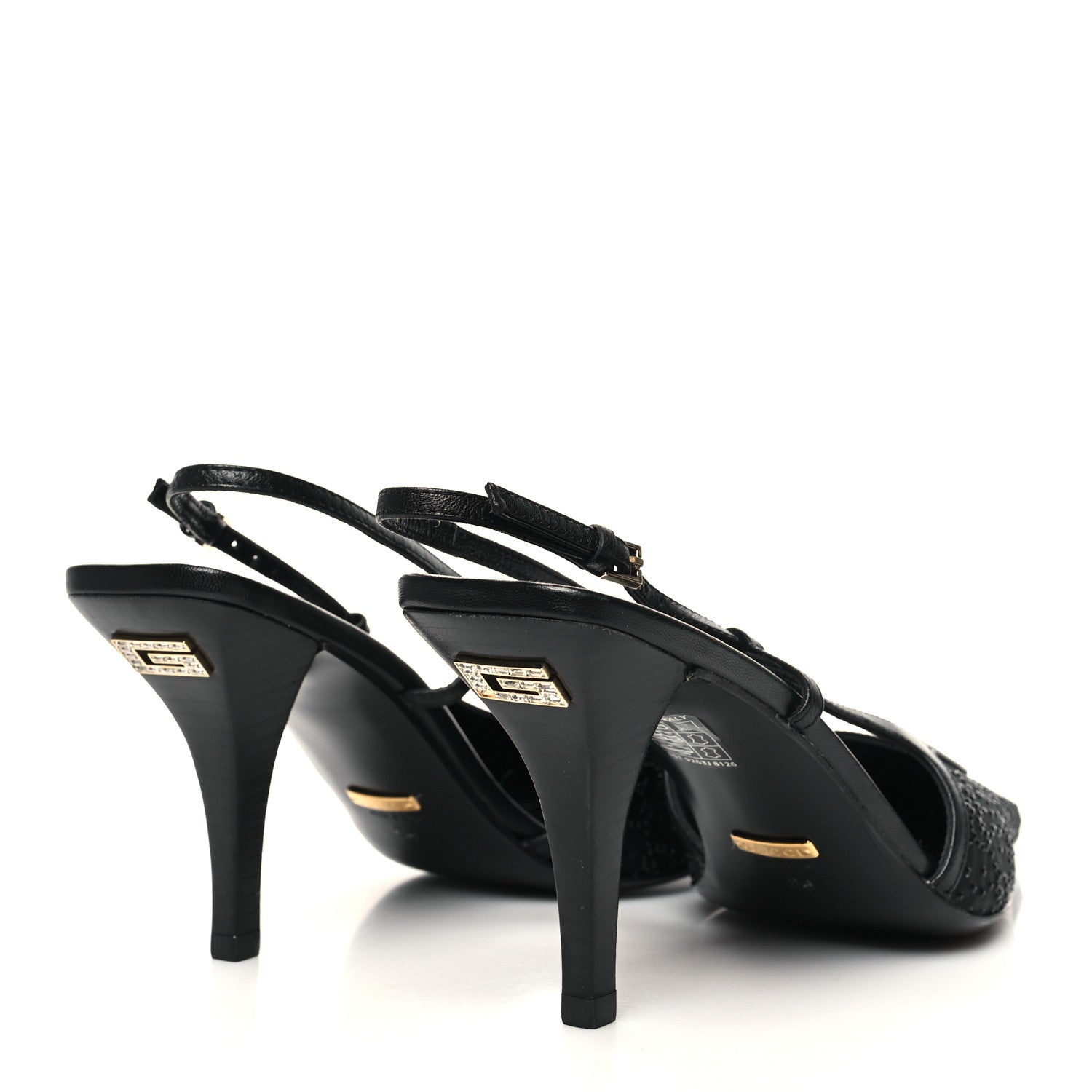 Gucci Moire Fabric Malaga Kid Crystal GG Monogram Square G 75mm Slingback Pumps 39 Black 4 of 7