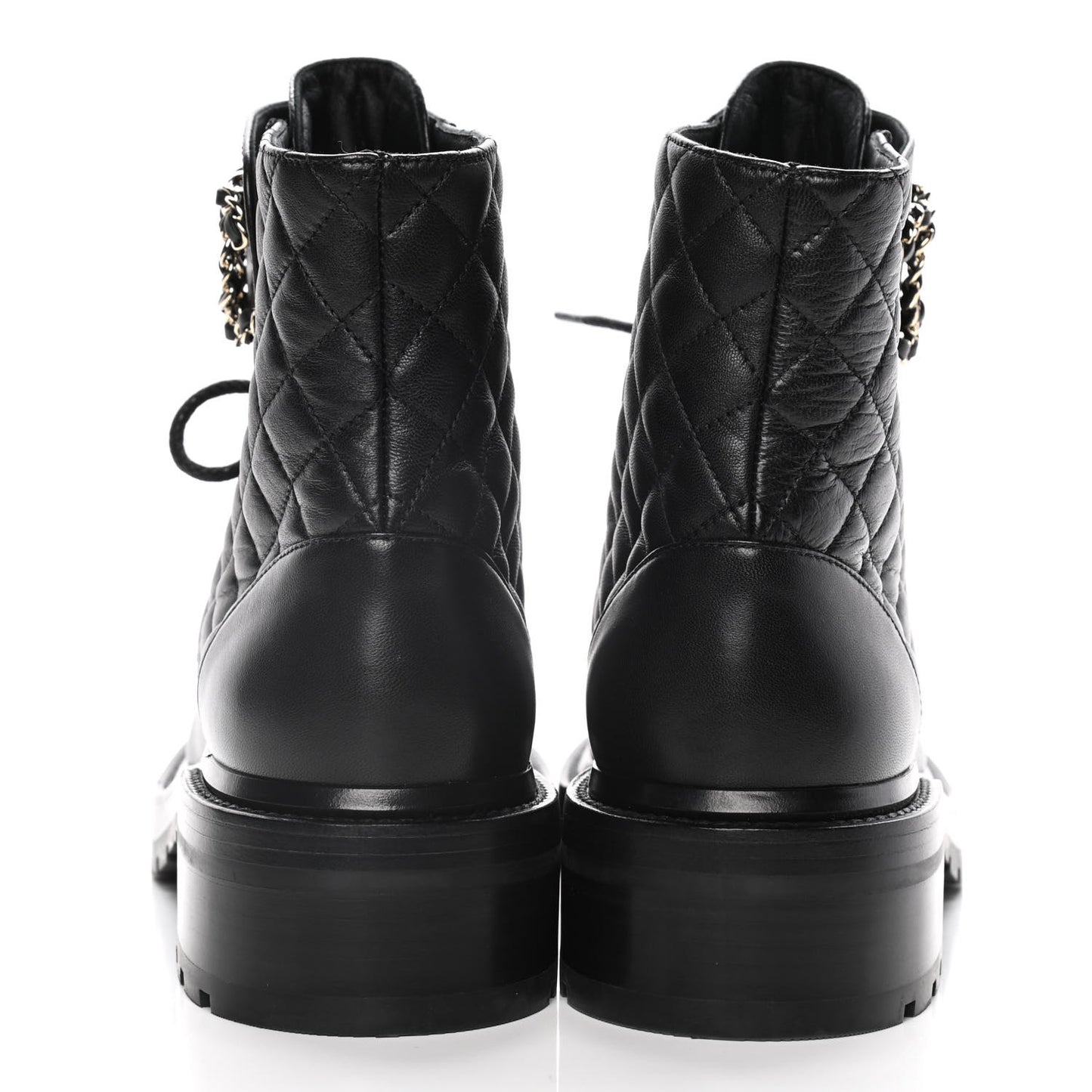 Shiny Lambskin Quilted Lace Up Combat Boots 39.5 Black