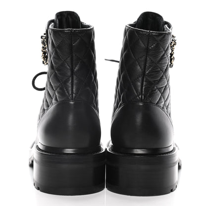 Chanel Shiny Lambskin Quilted Lace Up Combat Boots 39.5 Black 6 of 16