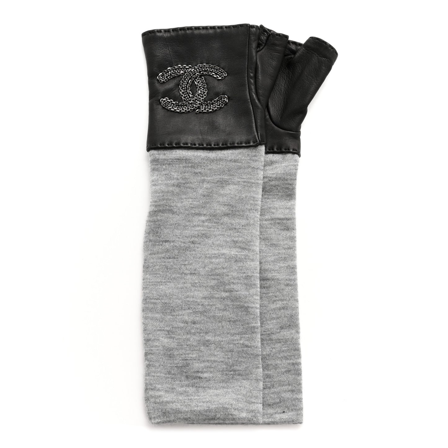 Lambskin Cashmere Silk CC Fingerless Gloves 7 Black Grey