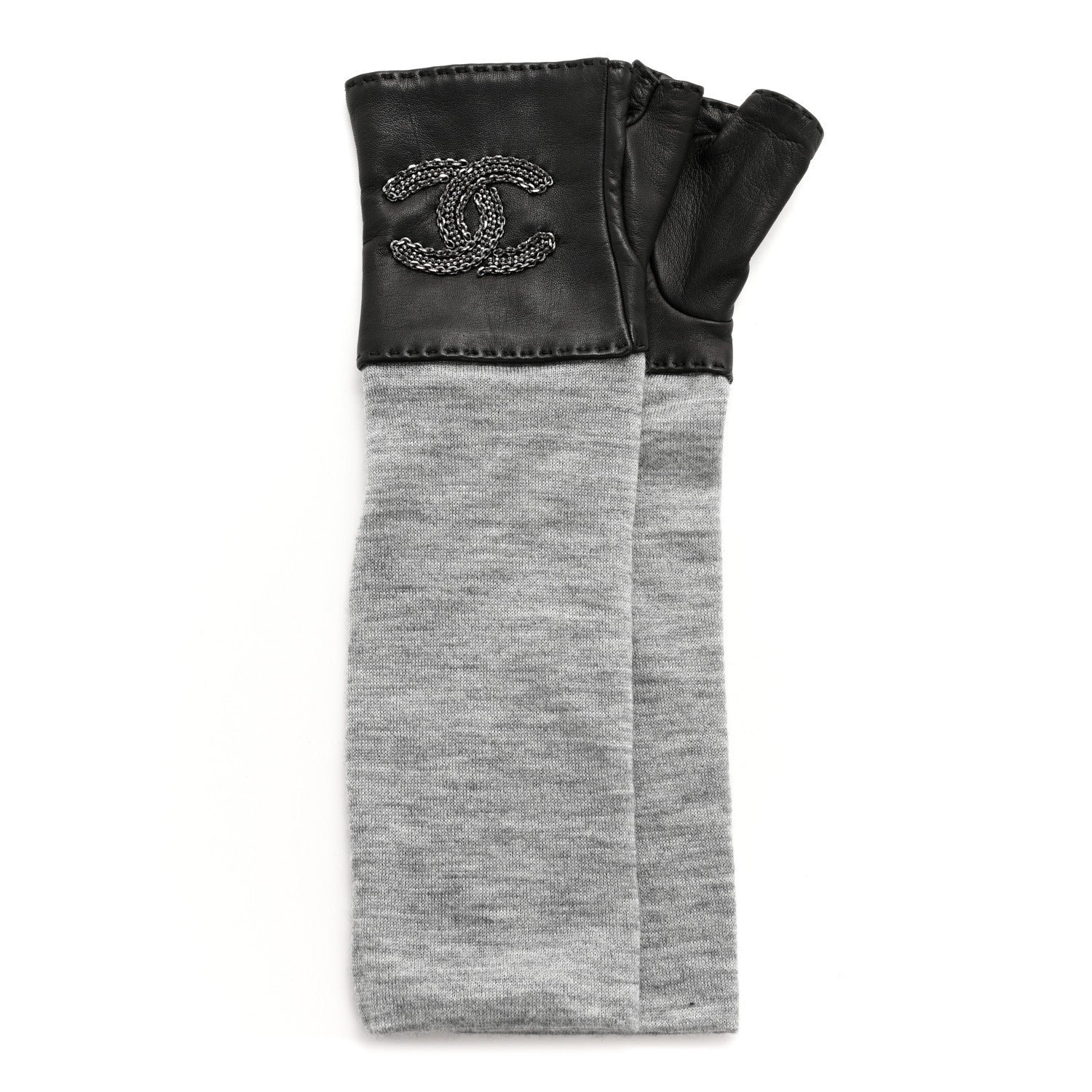 Chanel Lambskin Cashmere Silk CC Fingerless Gloves 7 Black Grey 1 of 8