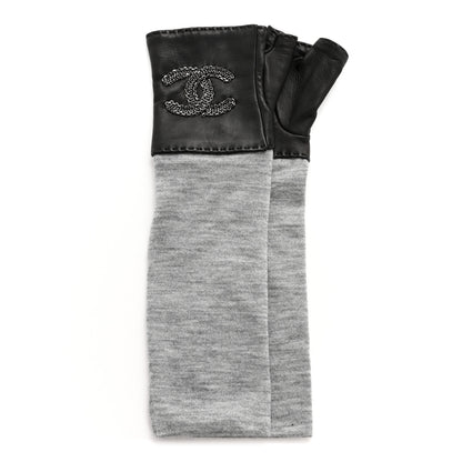 Chanel Lambskin Cashmere Silk CC Fingerless Gloves 7 Black Grey 1 of 8