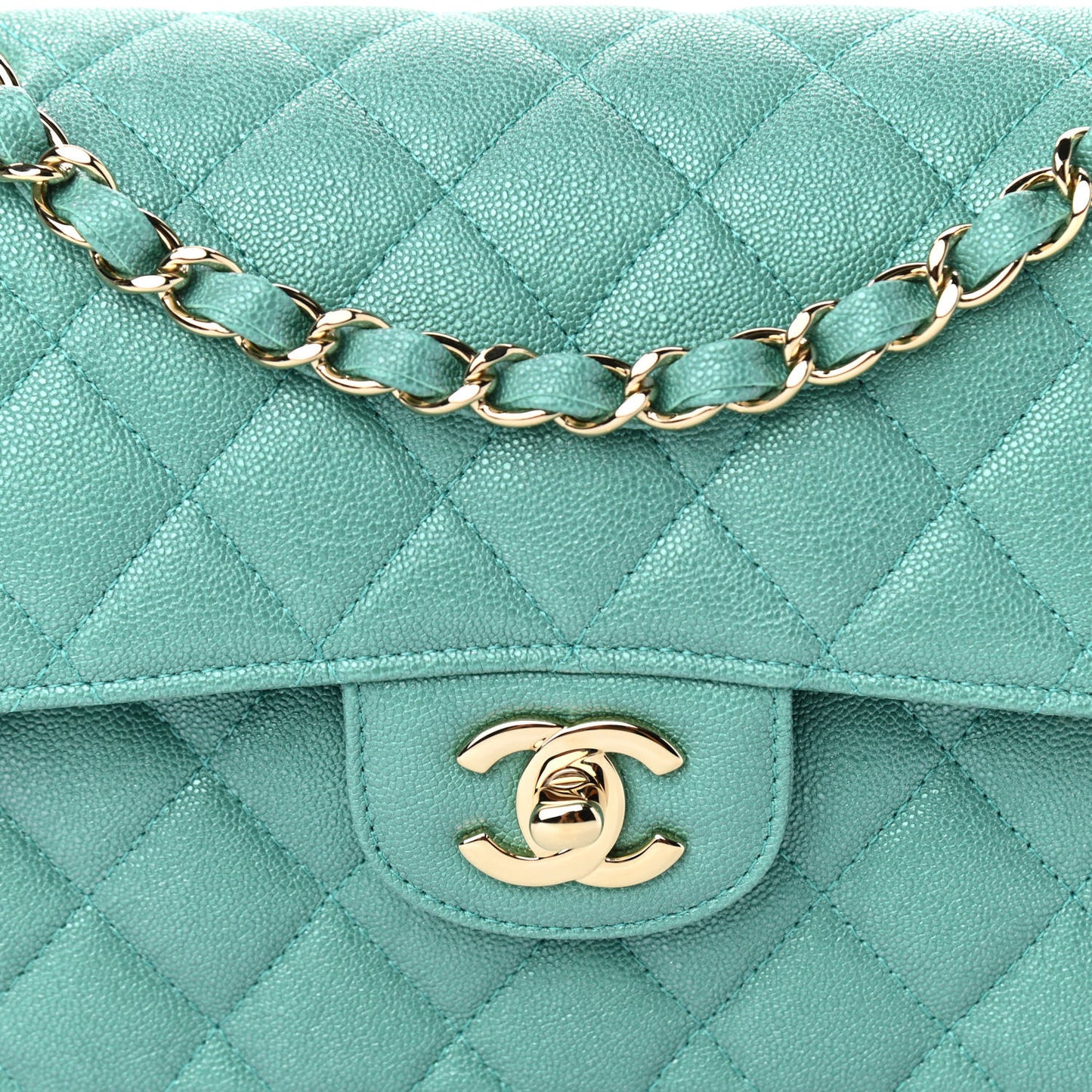 Iridescent Caviar Quilted Small Double Flap Green