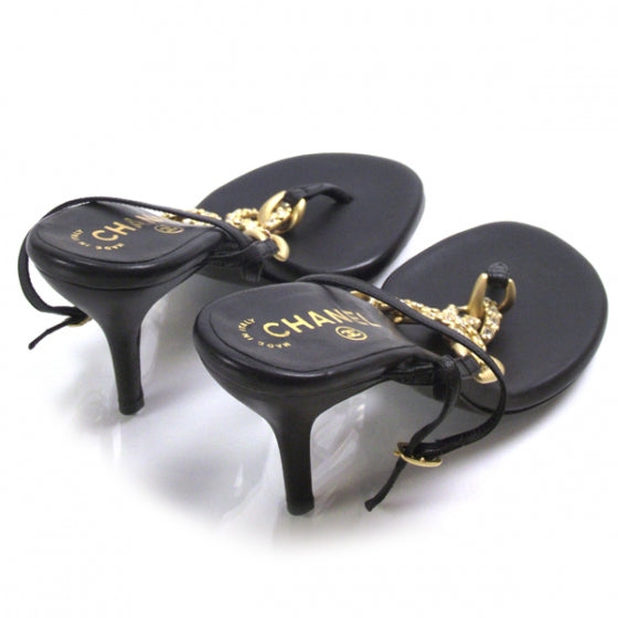 Chanel Gold Crystal Chain Sandals 36.5 Black 4 of 7