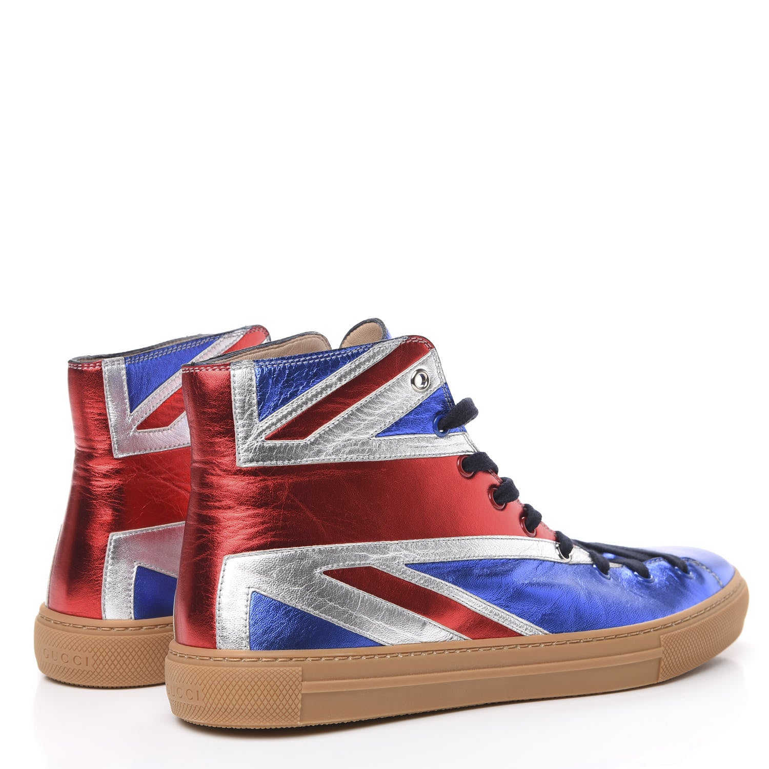 Gucci Metallic Calfskin Union Jack Mens High Top Sneakers 10 Red Silver Blue 4 of 8