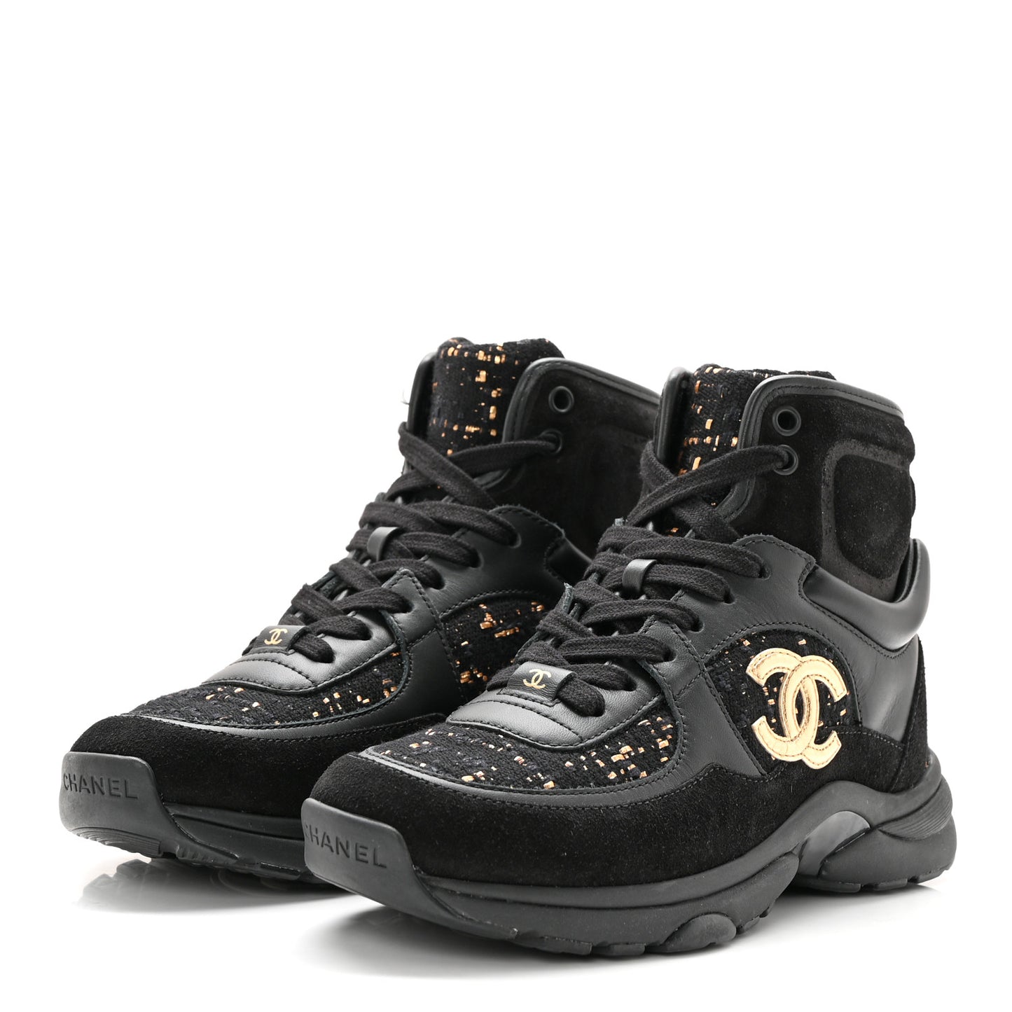 Velour Tweed CC High Top Sneakers 35 Black Gold