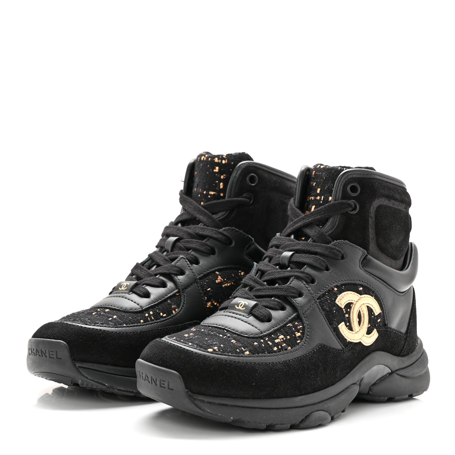 Chanel Velour Tweed CC High Top Sneakers 35 Black Gold 3 of 13
