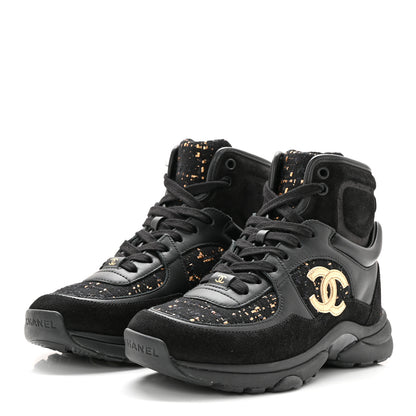 Chanel Velour Tweed CC High Top Sneakers 35 Black Gold 3 of 13
