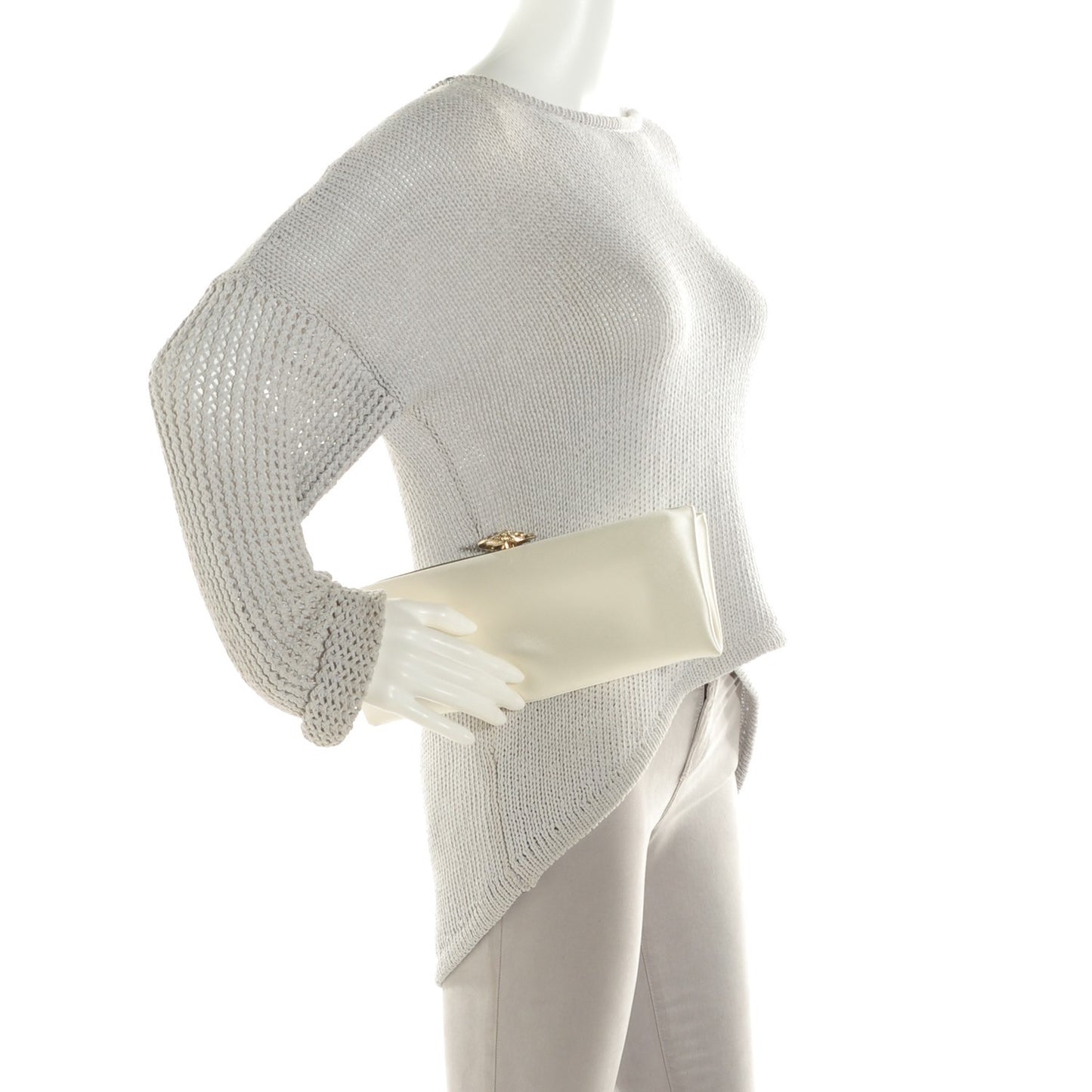 Satin Crystal Camellia Evening Clutch White