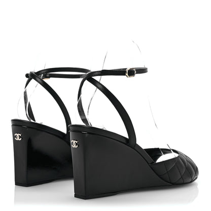 Chanel Lambskin Patent Quilted Wedge Sandals 37.5 Black 5 of 12