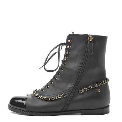 Chanel Calfskin Chain Lace Up Boots 38.5 Black 1 of 12