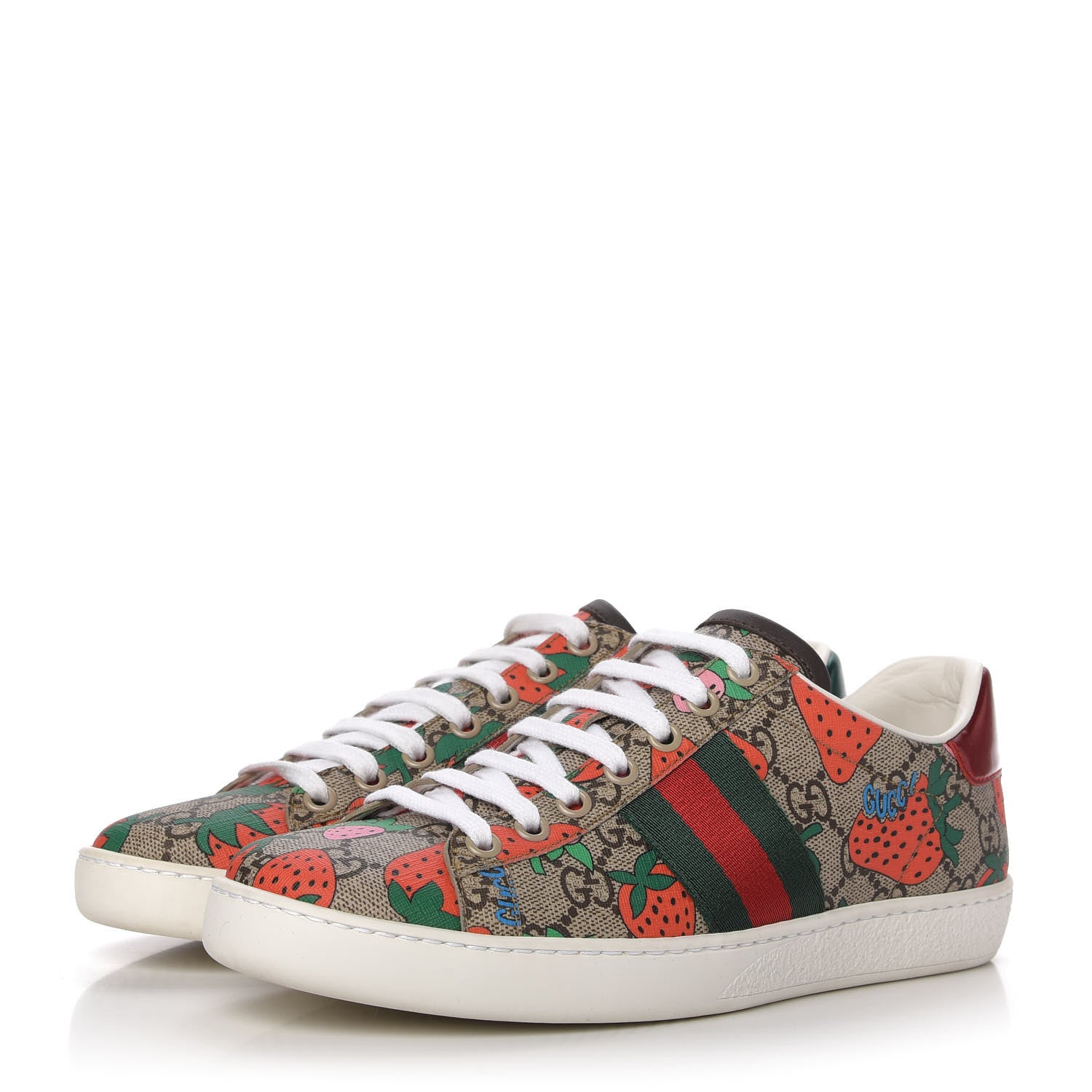 Gucci GG Supreme Monogram Strawberry Web Womens Ace Sneakers 37 Beige Multicolor Red Green 3 of 10