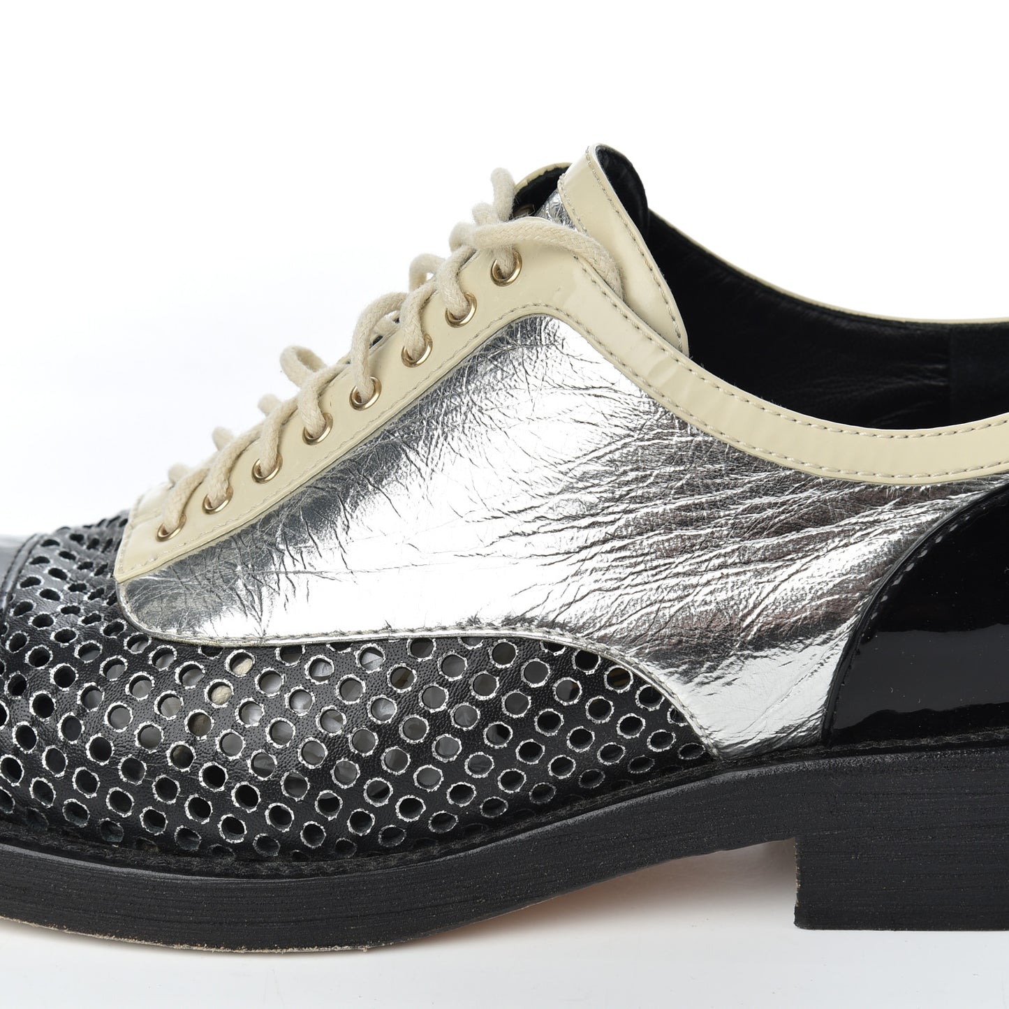 Metallic Crumpled Lambskin CC Lace Up Oxfords 36.5