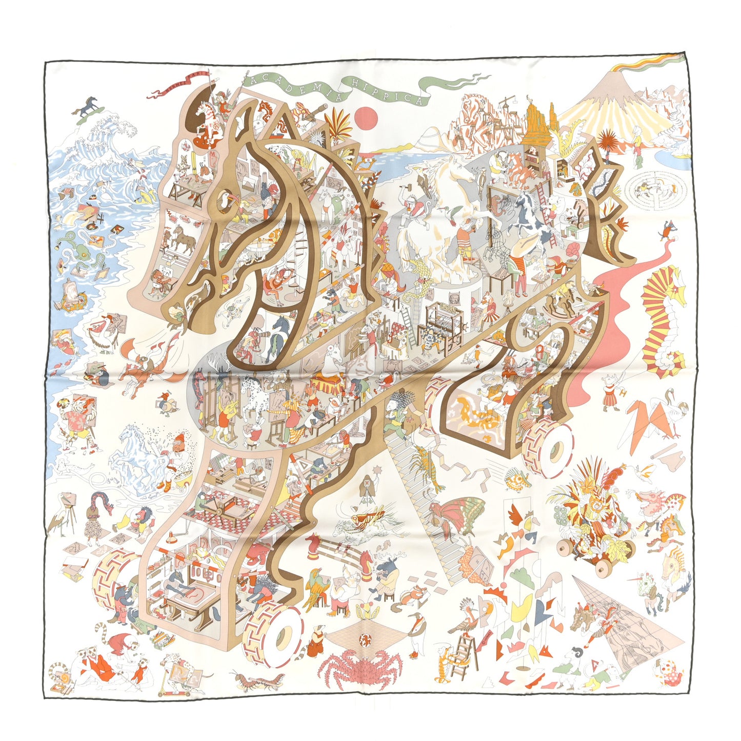 Silk Academia Hippica Scarf 90 White Rose Poudre Beige