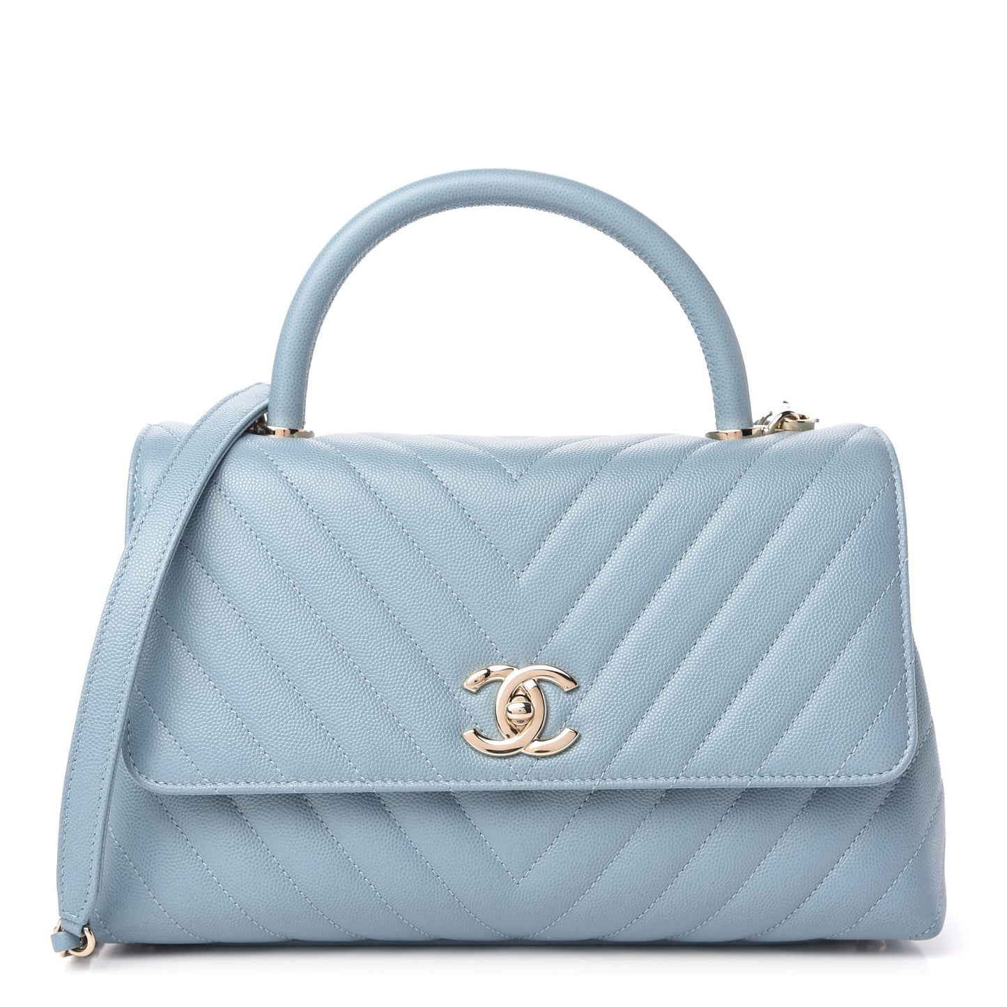 Caviar Chevron Quilted Small Coco Handle Flap Light Blue