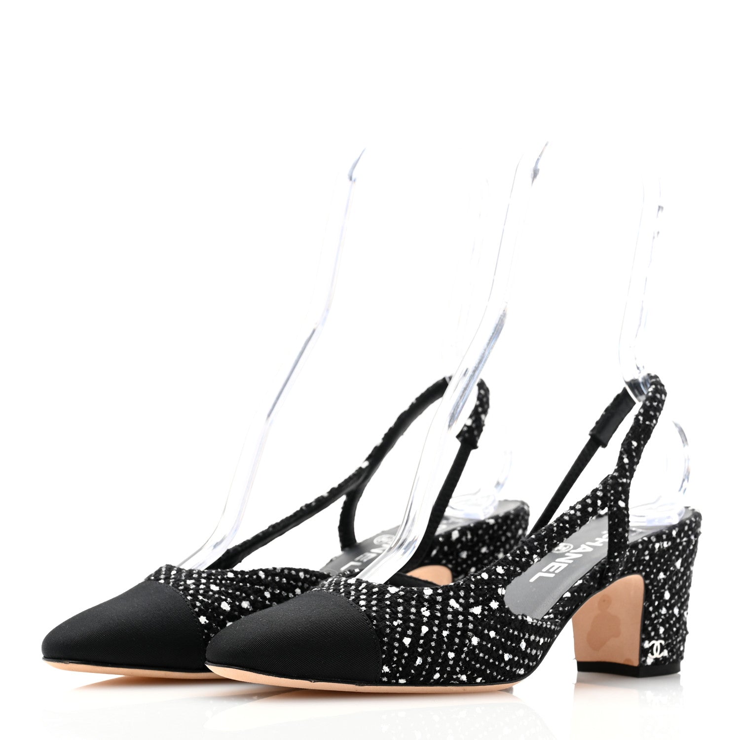 Chanel Tweed Grosgrain Cap Toe CC Slingback Pumps 39 Black Silver White 3 of 9