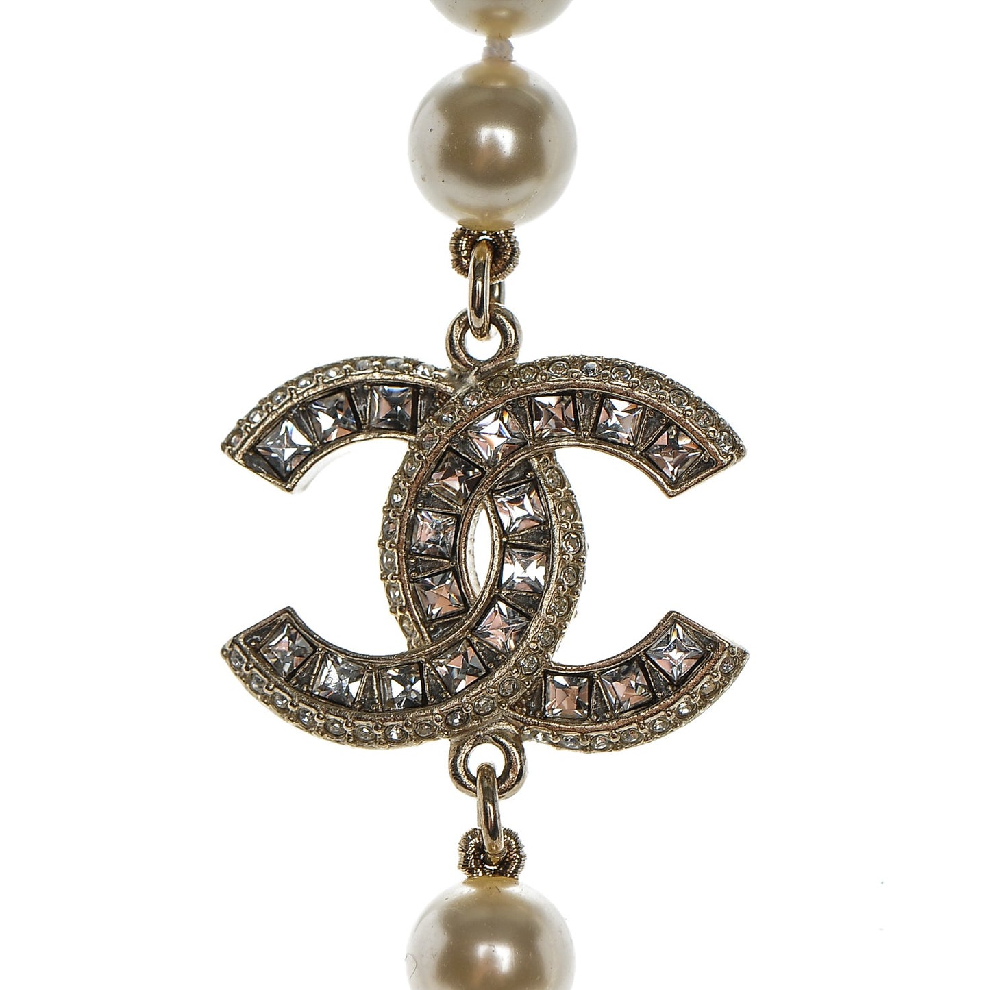 Graduated Pearl Crystal CC Long Necklace Gold