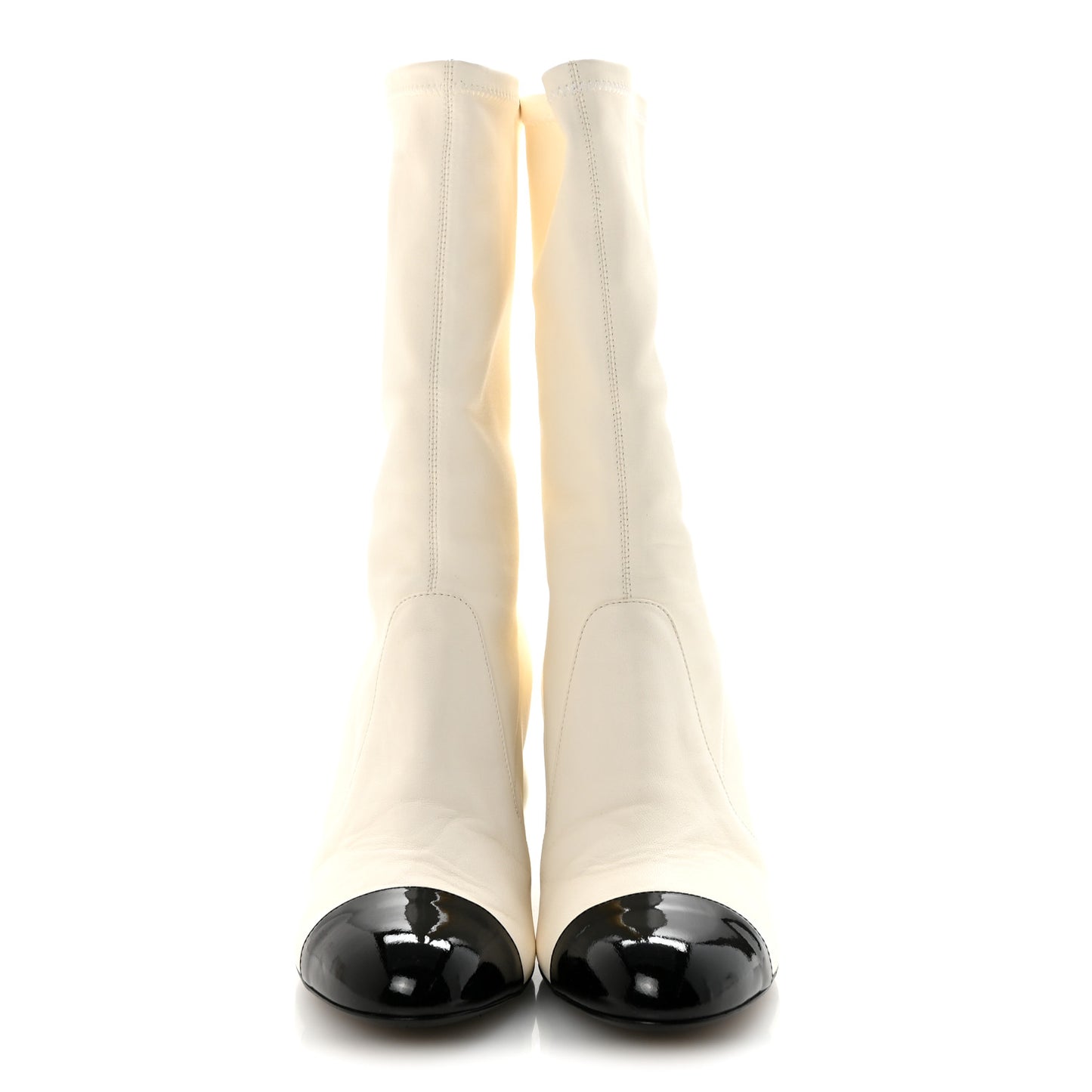 Stretch Lambskin Patent Cap Toe Pearl Ball Mid Calf Boots 40 White Black