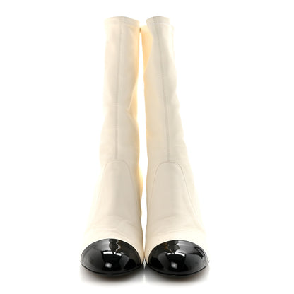 Chanel Stretch Lambskin Patent Cap Toe Pearl Ball Mid Calf Boots 40 White Black 3 of 10